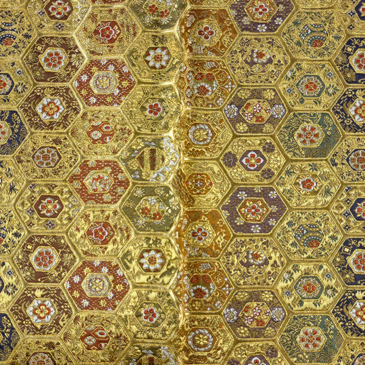 【美品】 袋帶 名品級 祥園 落款 龜甲 草花紋 金絲 金金箔 金色 六通 純蠶絲