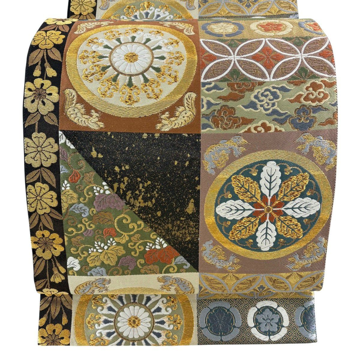 【美品】 袋帶 名品級 華紋 花唐草紋 金絲 金金箔 黑 六通 純蠶絲