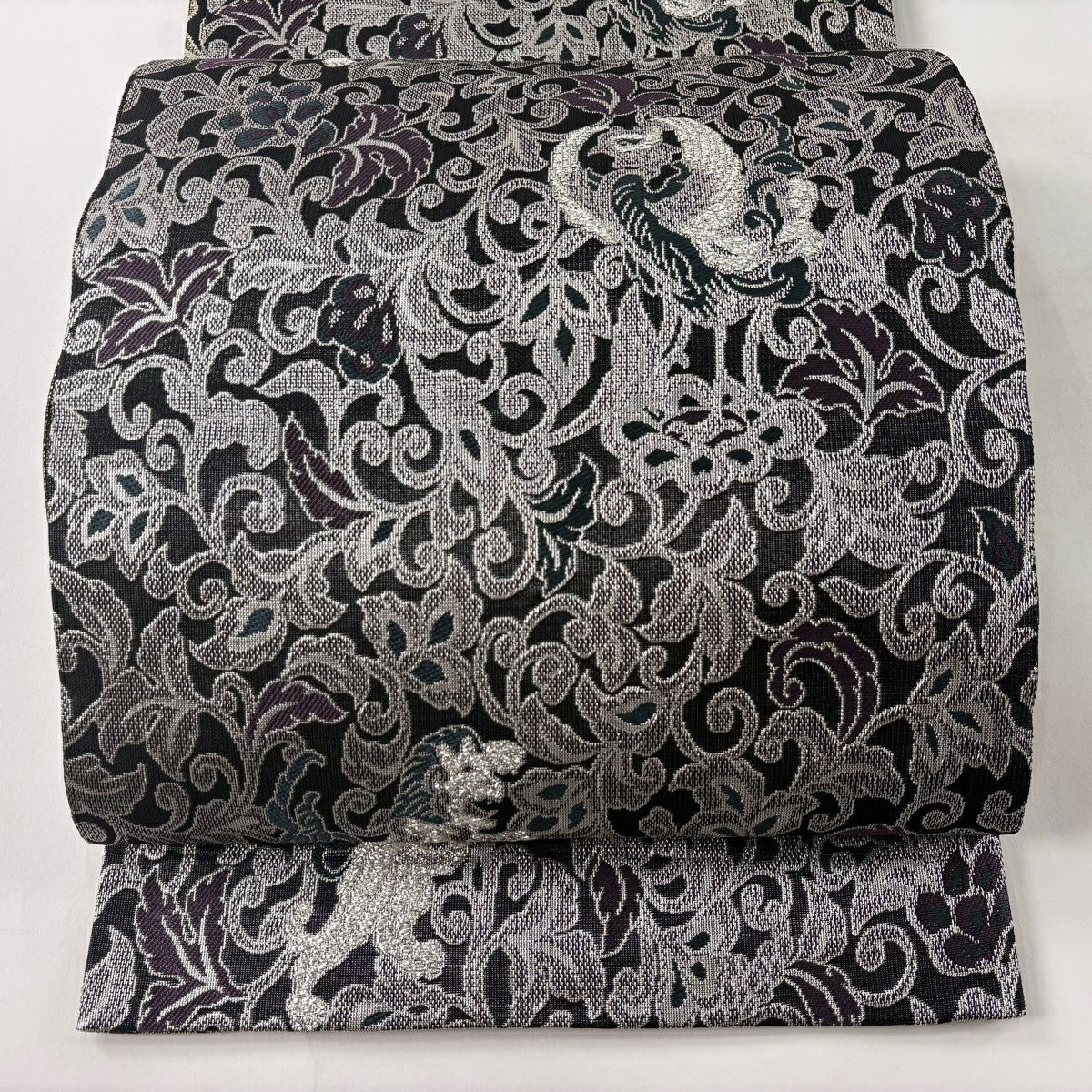 【美品】 袋帶 逸品級 落款あり 證書あり 篠屋織物 雙面 七寶紋 鳥 金絲 金金箔 紫 六通 純蠶絲