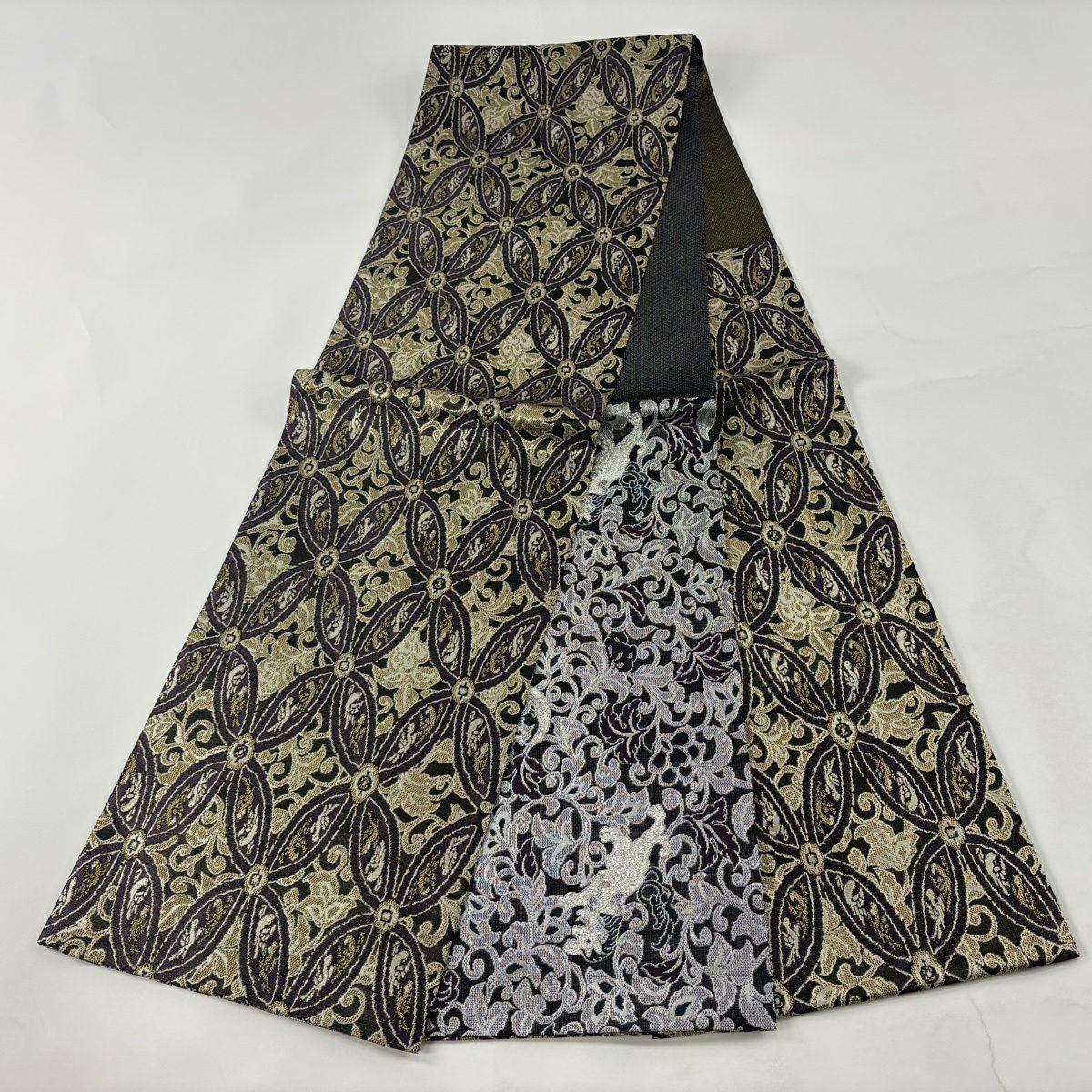 【美品】 袋帶 逸品級 落款あり 證書あり 篠屋織物 雙面 七寶紋 鳥 金絲 金金箔 紫 六通 純蠶絲