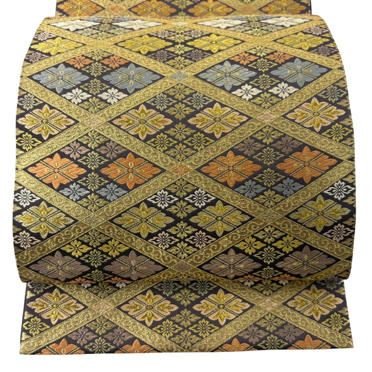 【美品】 袋帶 逸品級 有落款 篠屋宗兵衛 花菱 菱格子 唐織 金絲 金 六通 純蠶絲