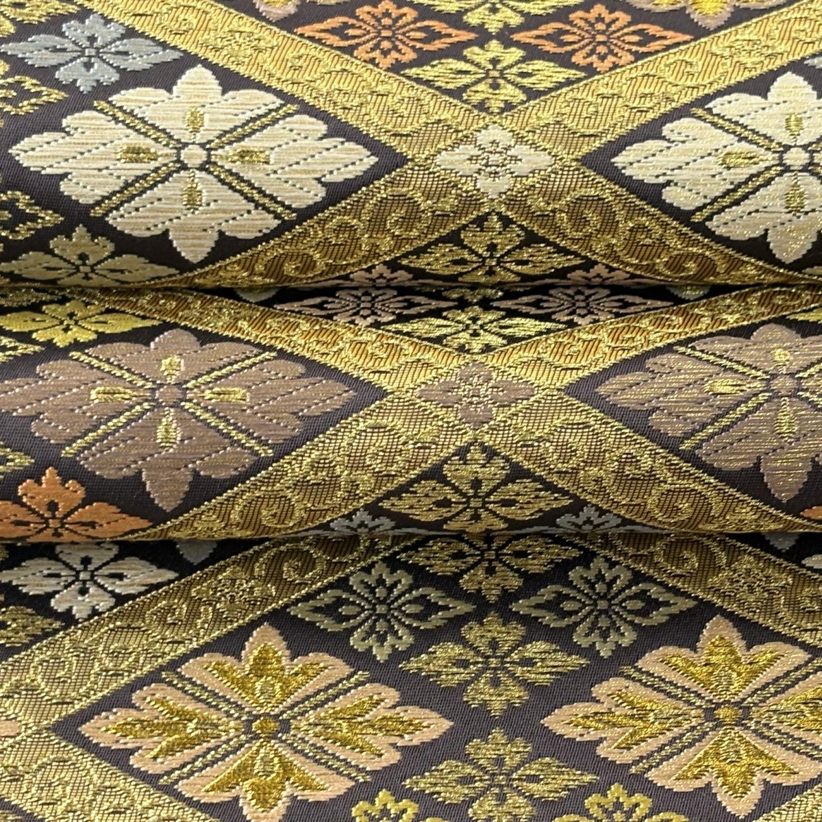【美品】 袋帶 逸品級 有落款 篠屋宗兵衛 花菱 菱格子 唐織 金絲 金 六通 純蠶絲