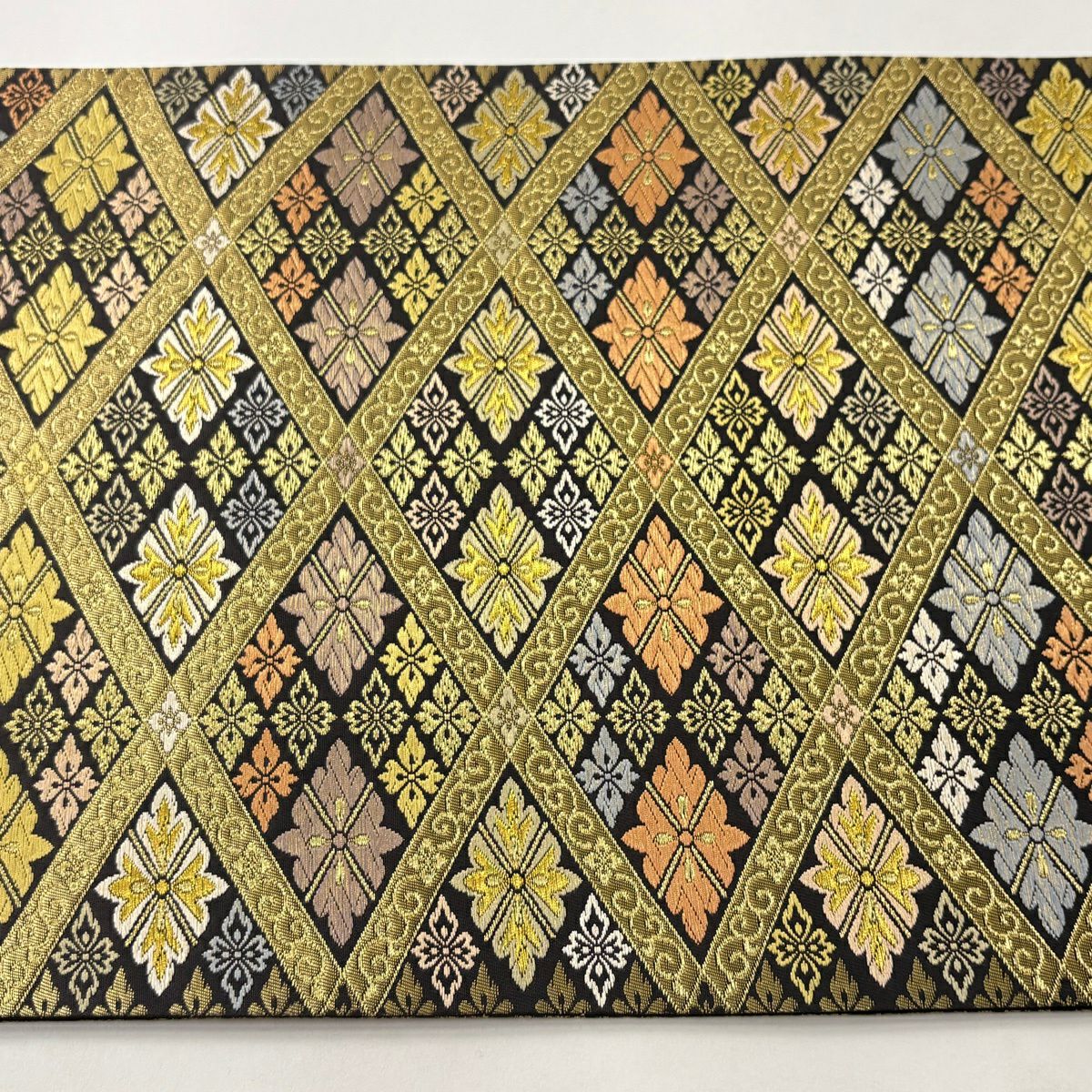 【美品】 袋帶 逸品級 有落款 篠屋宗兵衛 花菱 菱格子 唐織 金絲 金 六通 純蠶絲