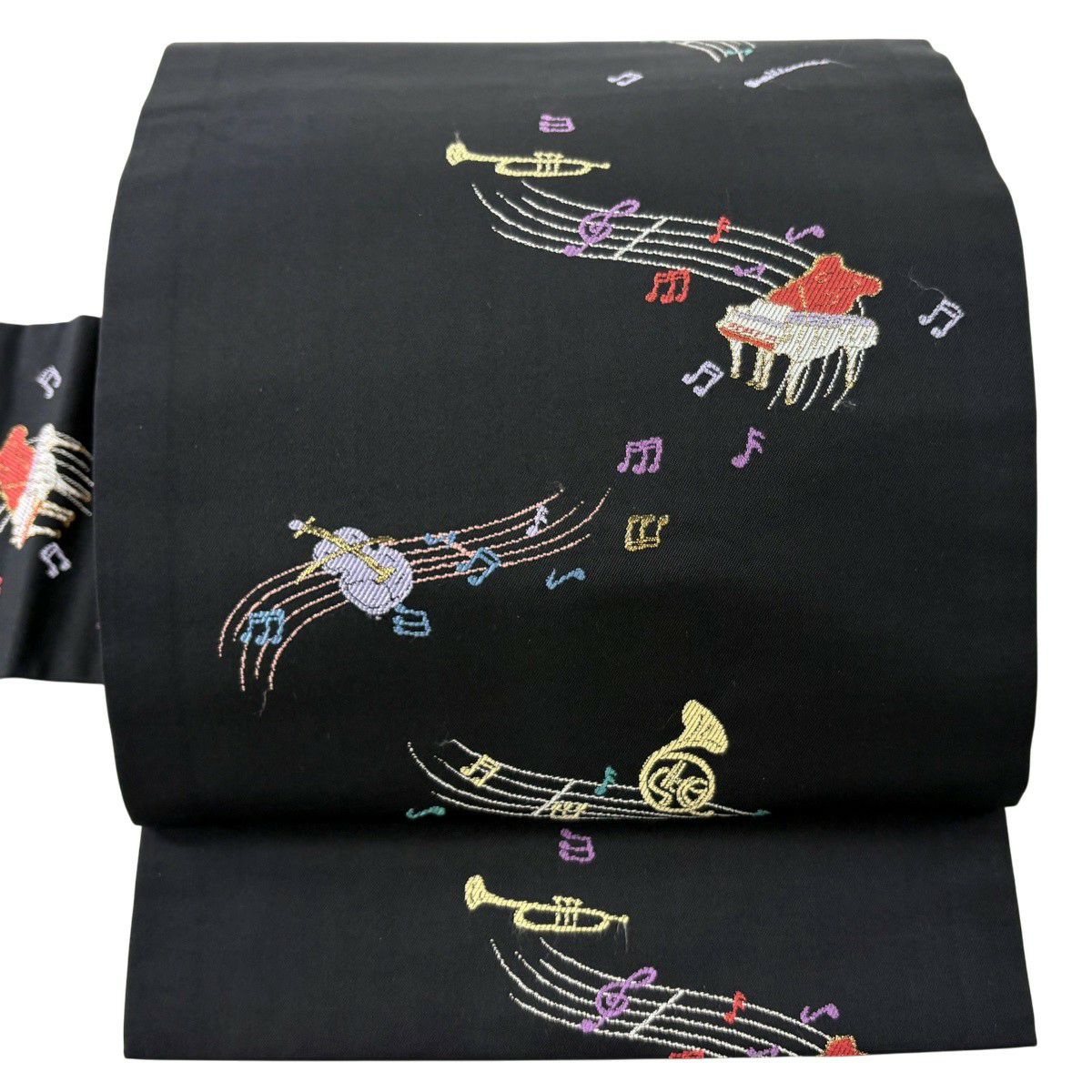 【美品】名古屋帶 逸品級 樂器 音符 金金箔 黑 純蠶絲