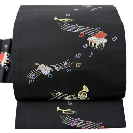 【美品】名古屋帶 逸品級 樂器 音符 金金箔 黑 純蠶絲