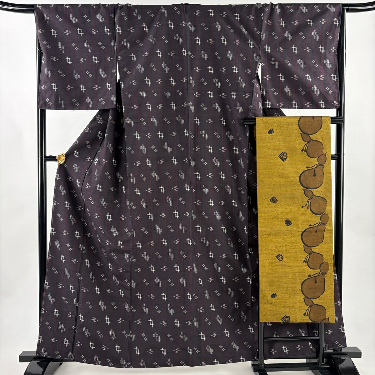 【美品】 紬織 身長161.5cm 袖長68cm L 雙層 名古屋帶套裝 條紋 燕 紫 純蠶絲 名品級