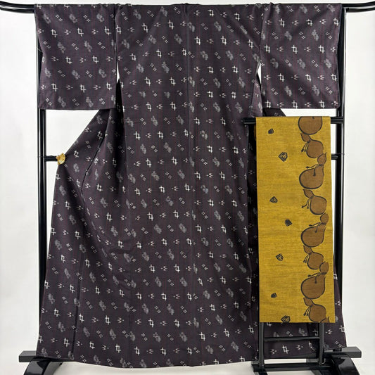 【美品】 紬織 身長161.5cm 袖長68cm L 雙層 名古屋帶套裝 條紋 燕 紫 純蠶絲 名品級