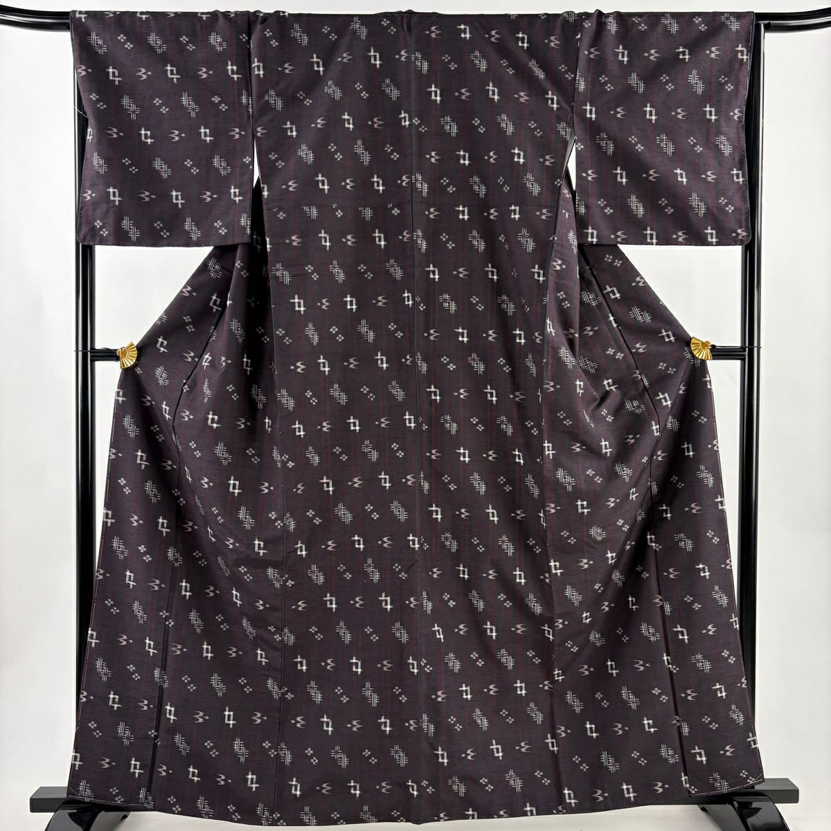 【美品】 紬織 身長161.5cm 袖長68cm L 雙層 名古屋帶套裝 條紋 燕 紫 純蠶絲 名品級