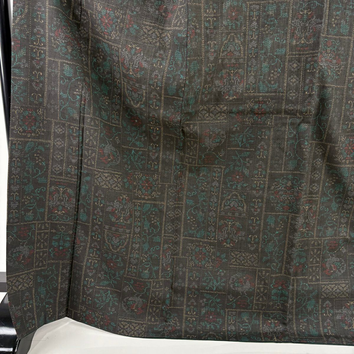 【美品】 紬織 身長171cm 袖長66cm M 雙層 名古屋帶套裝 色紙 花唐草紋 黑灰 純蠶絲 名品級
