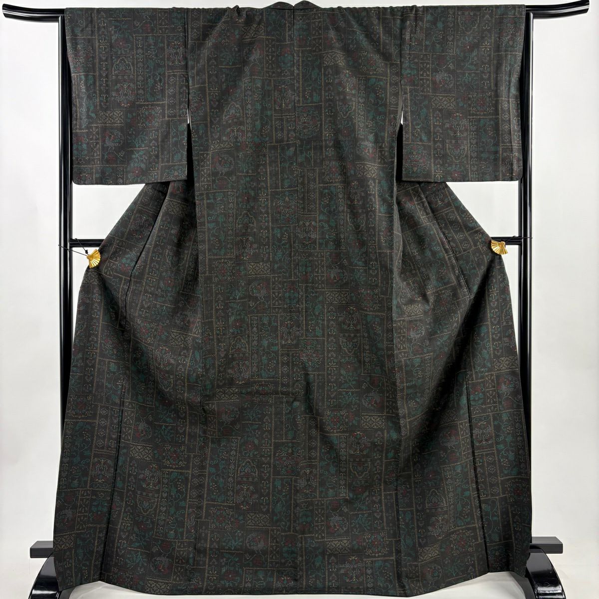 【美品】 紬織 身長171cm 袖長66cm M 雙層 名古屋帶套裝 色紙 花唐草紋 黑灰 純蠶絲 名品級