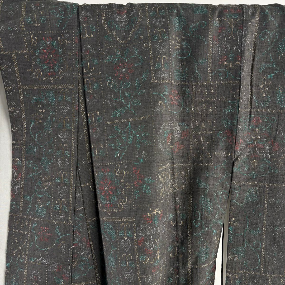 【美品】 紬織 身長171cm 袖長66cm M 雙層 名古屋帶套裝 色紙 花唐草紋 黑灰 純蠶絲 名品級
