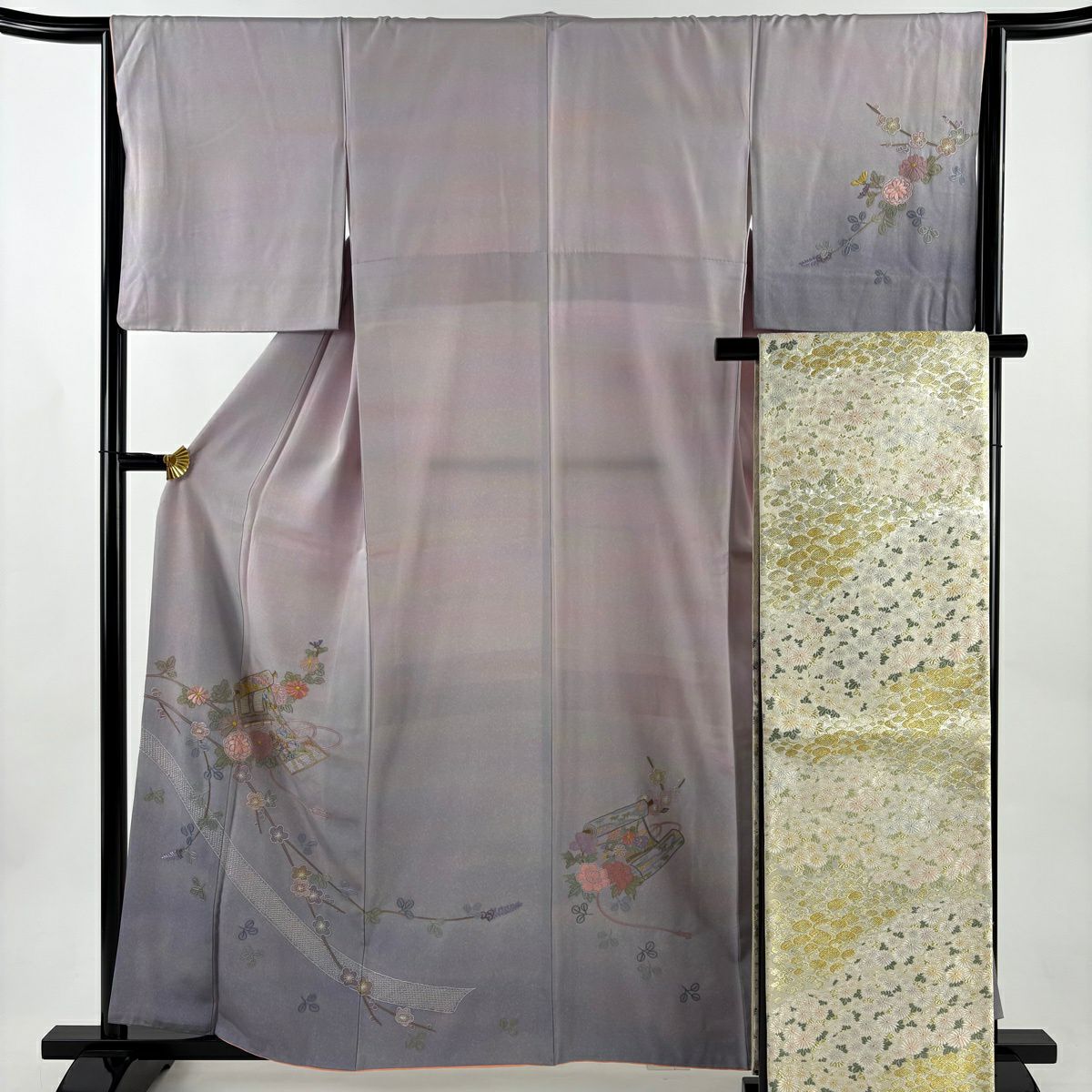 【美品】 付下 身長160cm 袖長64.5cm M 雙層 袋帶套裝 卷物 梅花花 刺繡 漸層 淡紫 純蠶絲 優品級