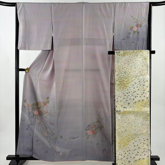 【美品】 付下 身長160cm 袖長64.5cm M 雙層 袋帶套裝 卷物 梅花花 刺繡 漸層 淡紫 純蠶絲 優品級