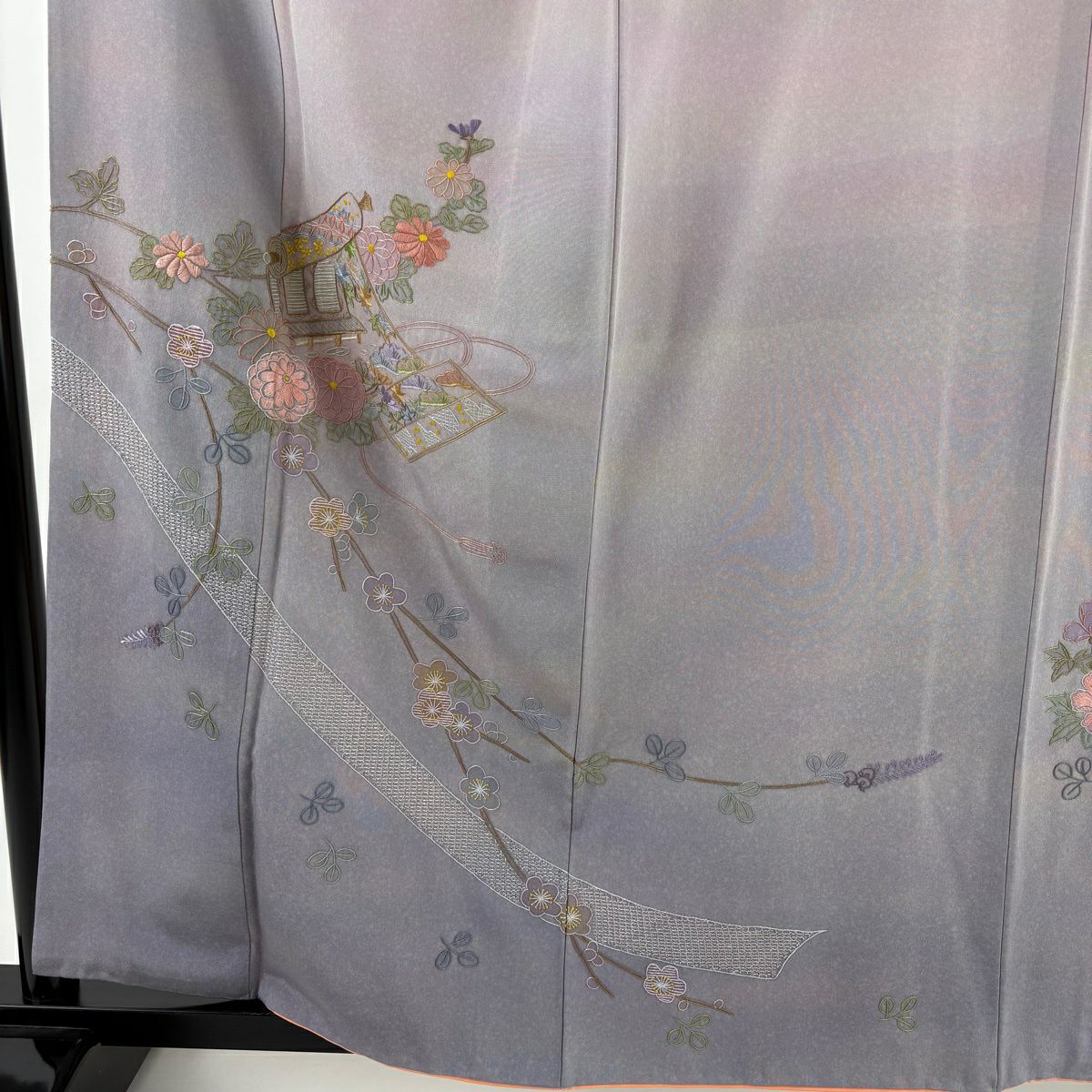 【美品】 付下 身長160cm 袖長64.5cm M 雙層 袋帶套裝 卷物 梅花花 刺繡 漸層 淡紫 純蠶絲 優品級