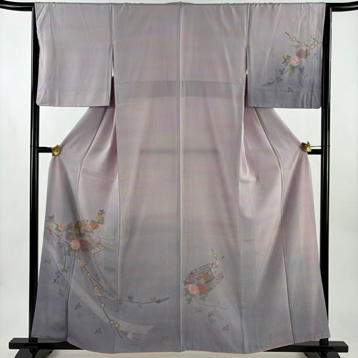 【美品】 付下 身長160cm 袖長64.5cm M 雙層 袋帶套裝 卷物 梅花花 刺繡 漸層 淡紫 純蠶絲 優品級