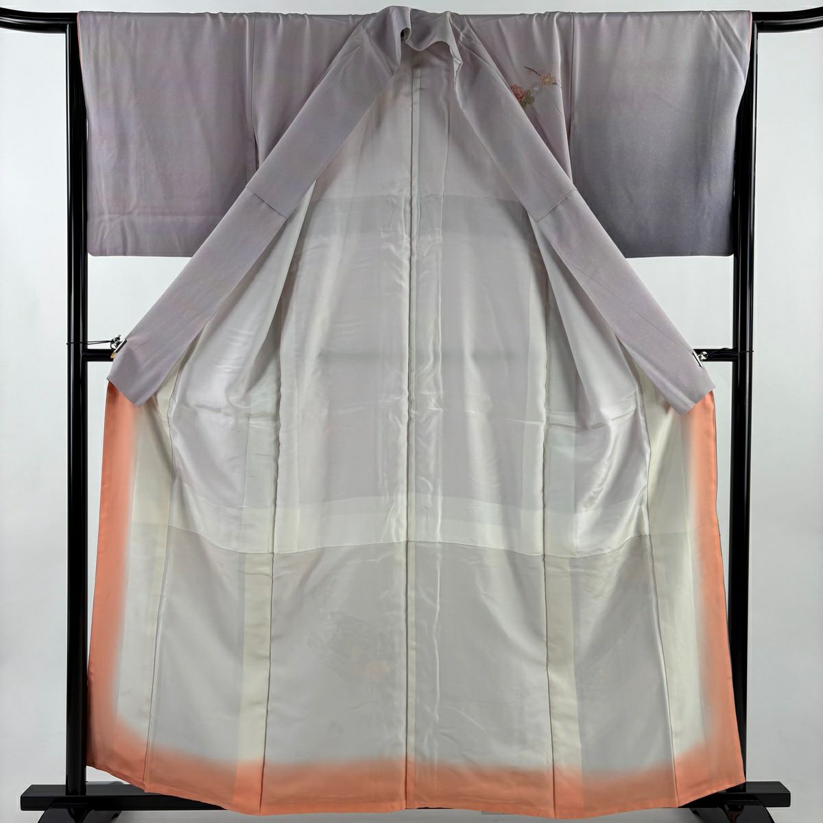 【美品】 付下 身長160cm 袖長64.5cm M 雙層 袋帶套裝 卷物 梅花花 刺繡 漸層 淡紫 純蠶絲 優品級