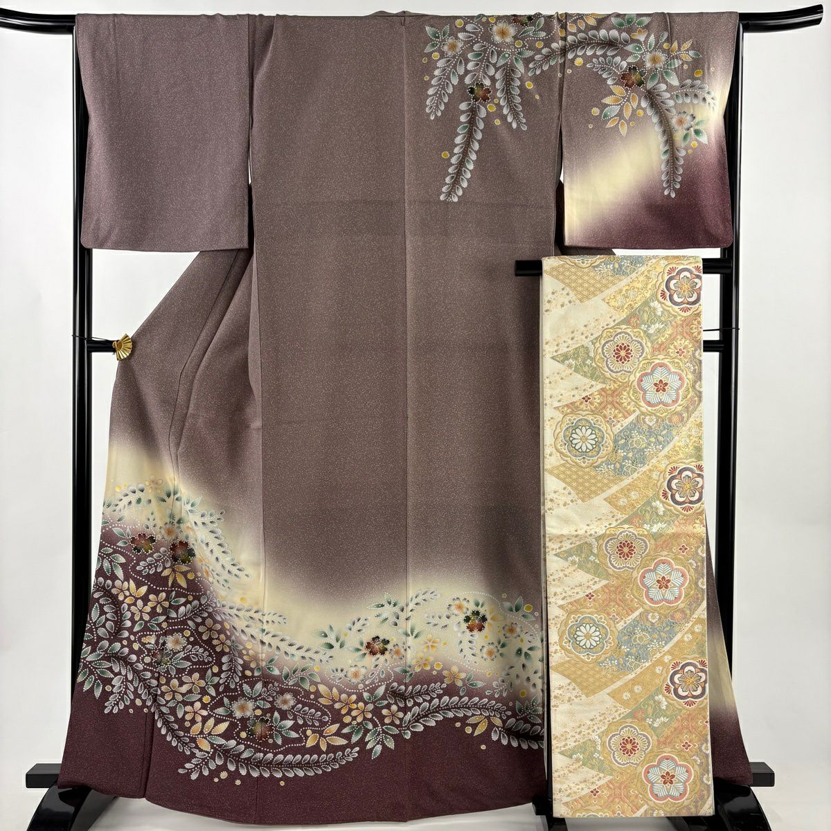 【美品】訪問服 身長166cm 袖長67cm M 雙層 袋帶套裝 辻花染圖案 金彩裝飾 漸層 灰紫 純蠶絲 優品級