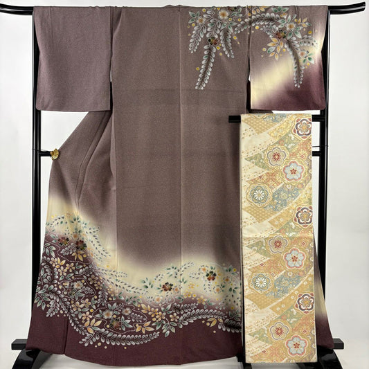 【美品】訪問服 身長166cm 袖長67cm M 雙層 袋帶套裝 辻花染圖案 金彩裝飾 漸層 灰紫 純蠶絲 優品級