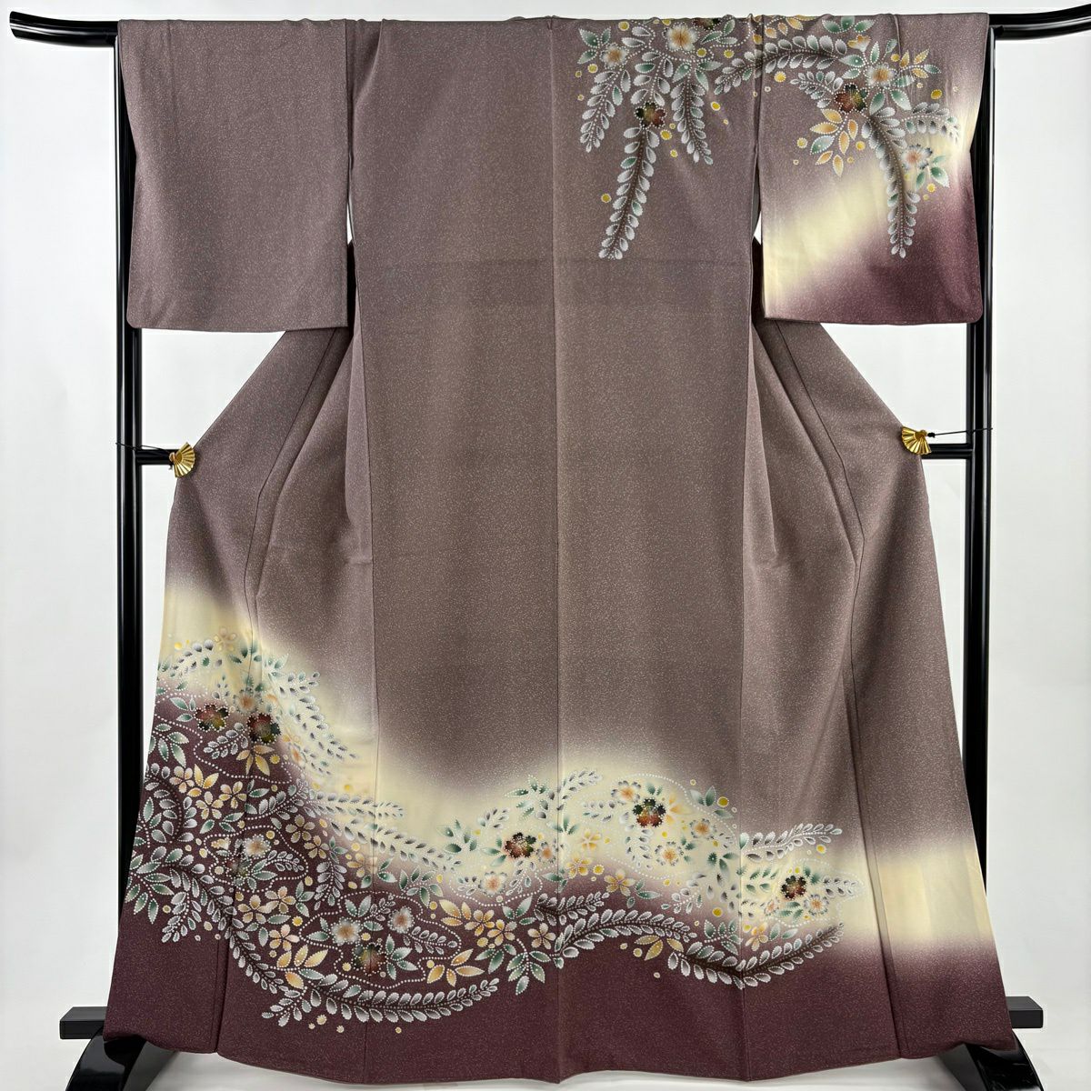 【美品】訪問服 身長166cm 袖長67cm M 雙層 袋帶套裝 辻花染圖案 金彩裝飾 漸層 灰紫 純蠶絲 優品級