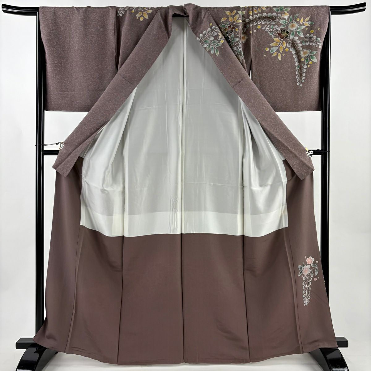 【美品】訪問服 身長166cm 袖長67cm M 雙層 袋帶套裝 辻花染圖案 金彩裝飾 漸層 灰紫 純蠶絲 優品級