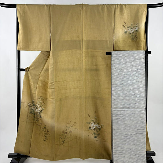 【美品】 付下 身長162.5cm 袖長66.5cm M 雙層 袋帶套裝 紬織織 草花紋紋 漸層 芥末色 純蠶絲 優品級