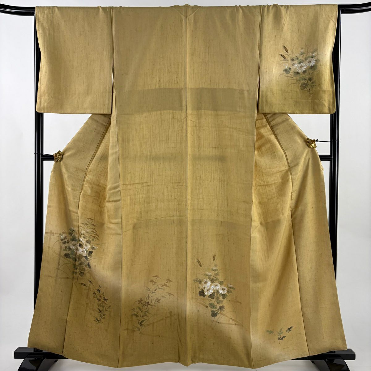 【美品】 付下 身長162.5cm 袖長66.5cm M 雙層 袋帶套裝 紬織織 草花紋紋 漸層 芥末色 純蠶絲 優品級