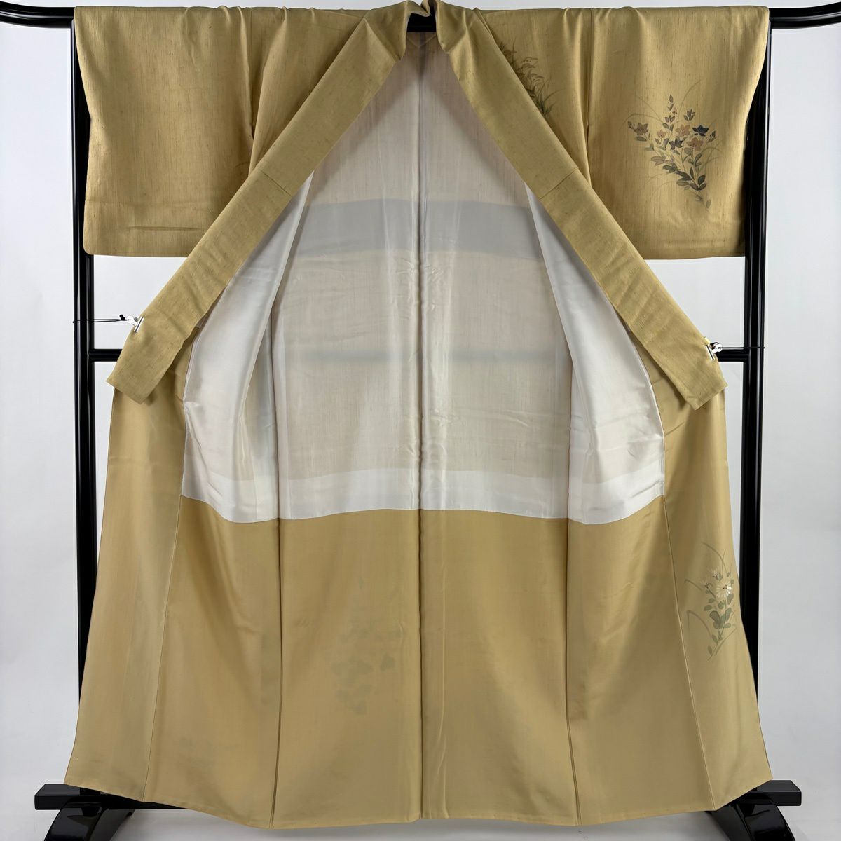 【美品】 付下 身長162.5cm 袖長66.5cm M 雙層 袋帶套裝 紬織織 草花紋紋 漸層 芥末色 純蠶絲 優品級