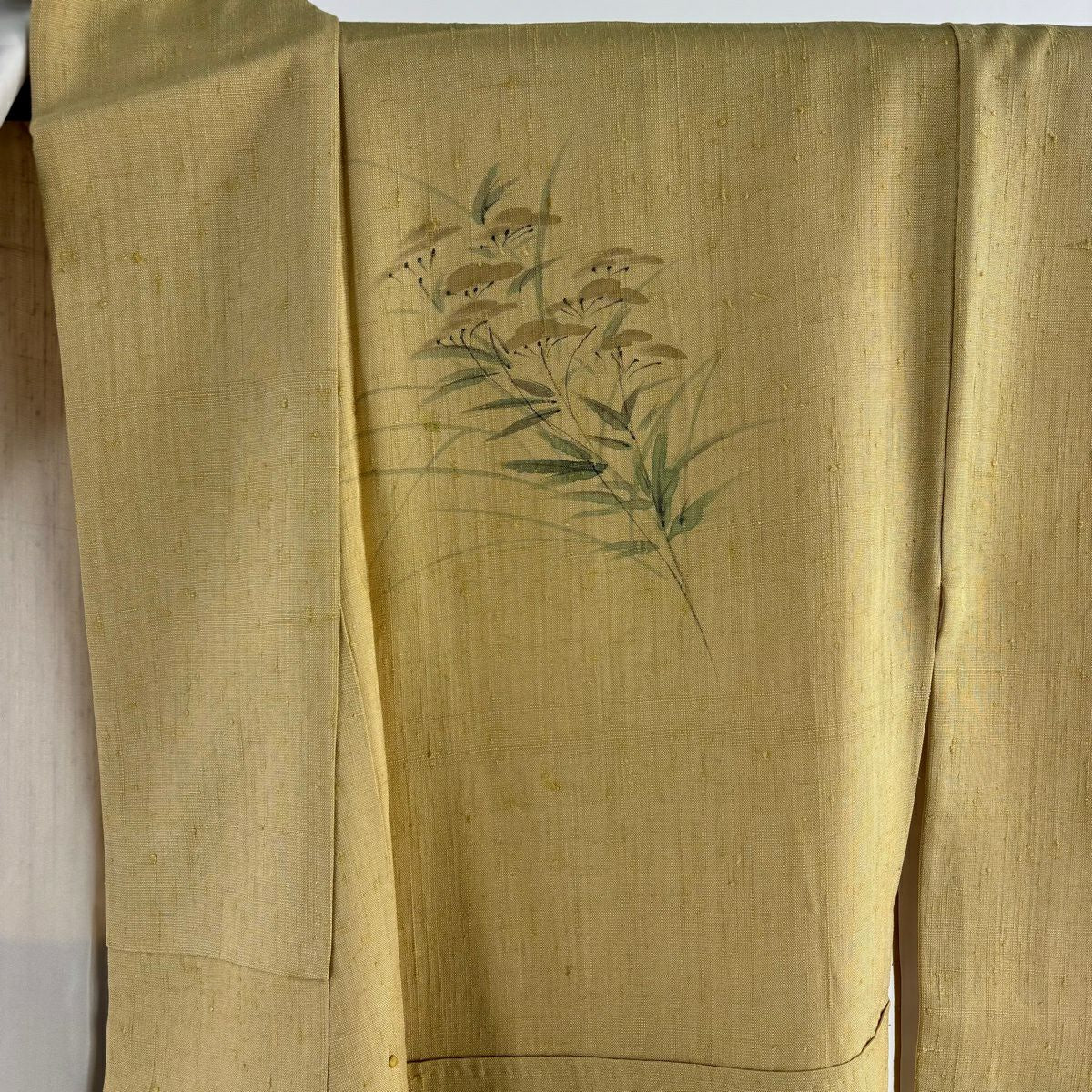 【美品】 付下 身長162.5cm 袖長66.5cm M 雙層 袋帶套裝 紬織織 草花紋紋 漸層 芥末色 純蠶絲 優品級
