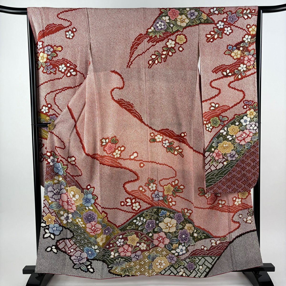 【美品】振袖禮服 身長163cm 袖長66cm M 雙層 草花紋紋 有職文樣 金彩裝飾 朱 純蠶絲 名品級