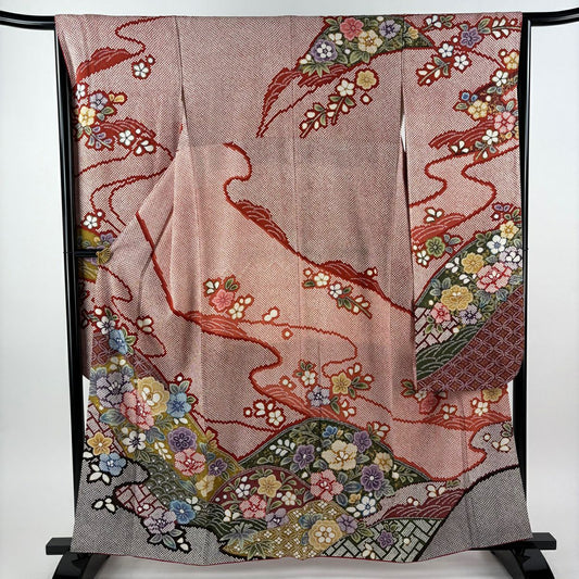 【美品】振袖禮服 身長163cm 袖長66cm M 雙層 草花紋紋 有職文樣 金彩裝飾 朱 純蠶絲 名品級