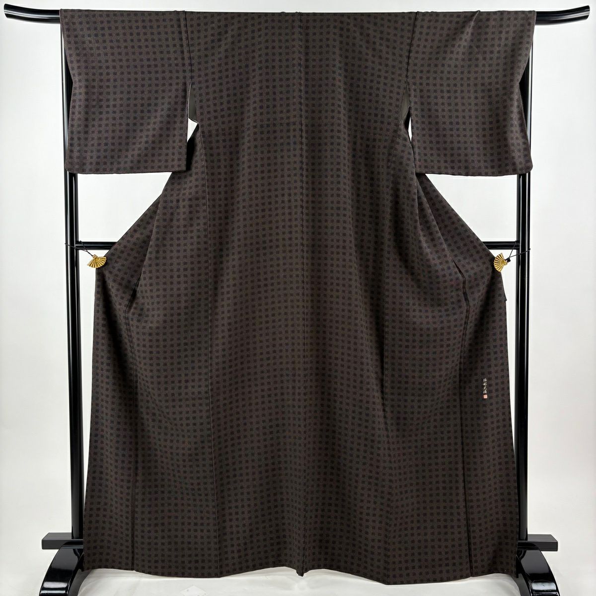 【美品】 江戶小紋 身長166.5cm 袖長68.5cm L 雙層 落款あり 格子 焦茶 純蠶絲 名品級