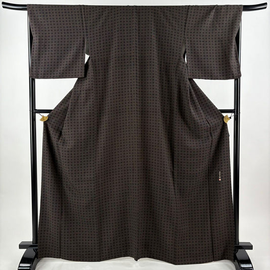 【美品】 江戶小紋 身長166.5cm 袖長68.5cm L 雙層 落款あり 格子 焦茶 純蠶絲 名品級