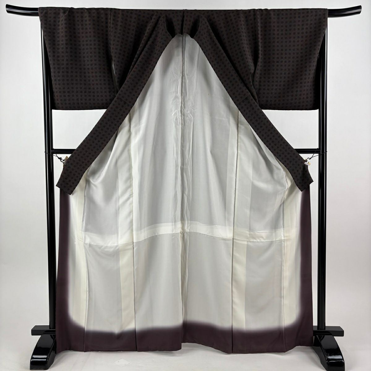 【美品】 江戶小紋 身長166.5cm 袖長68.5cm L 雙層 落款あり 格子 焦茶 純蠶絲 名品級