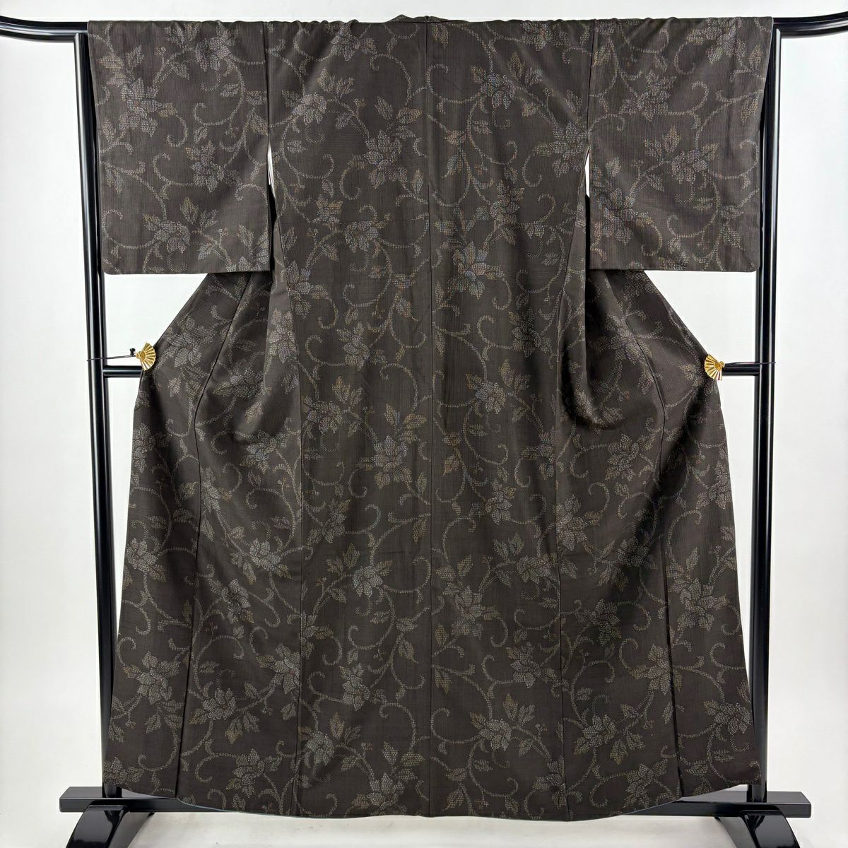 【美品】 紬織 身長159cm 袖長66cm M 雙層 大和 花唐草紋 龜甲絣 焦茶 純蠶絲 名品級