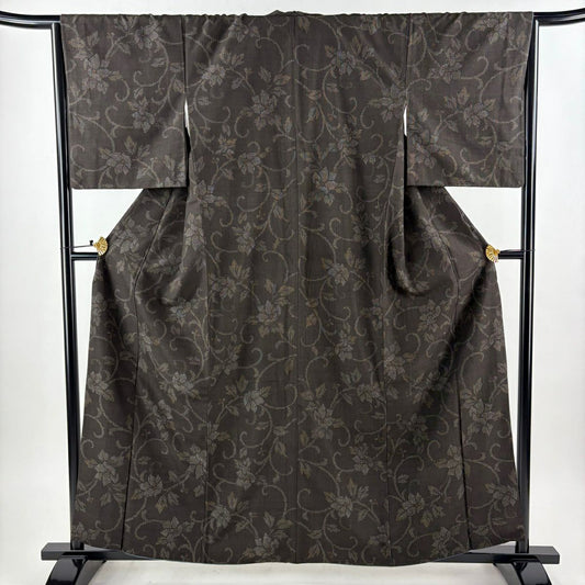 【美品】 紬織 身長159cm 袖長66cm M 雙層 大和 花唐草紋 龜甲絣 焦茶 純蠶絲 名品級