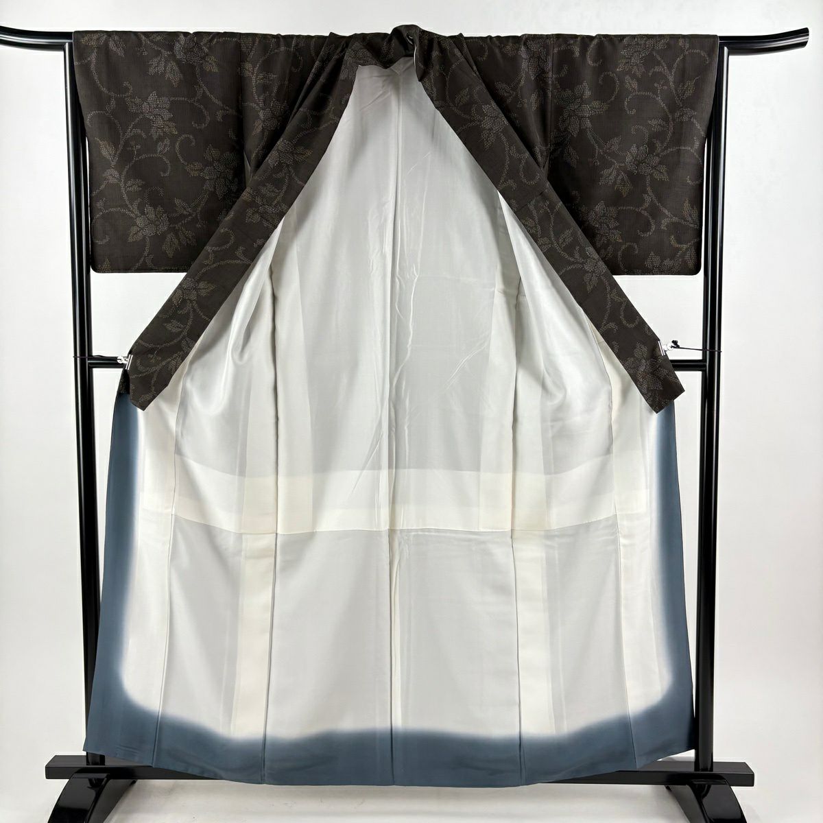 【美品】 紬織 身長159cm 袖長66cm M 雙層 大和 花唐草紋 龜甲絣 焦茶 純蠶絲 名品級