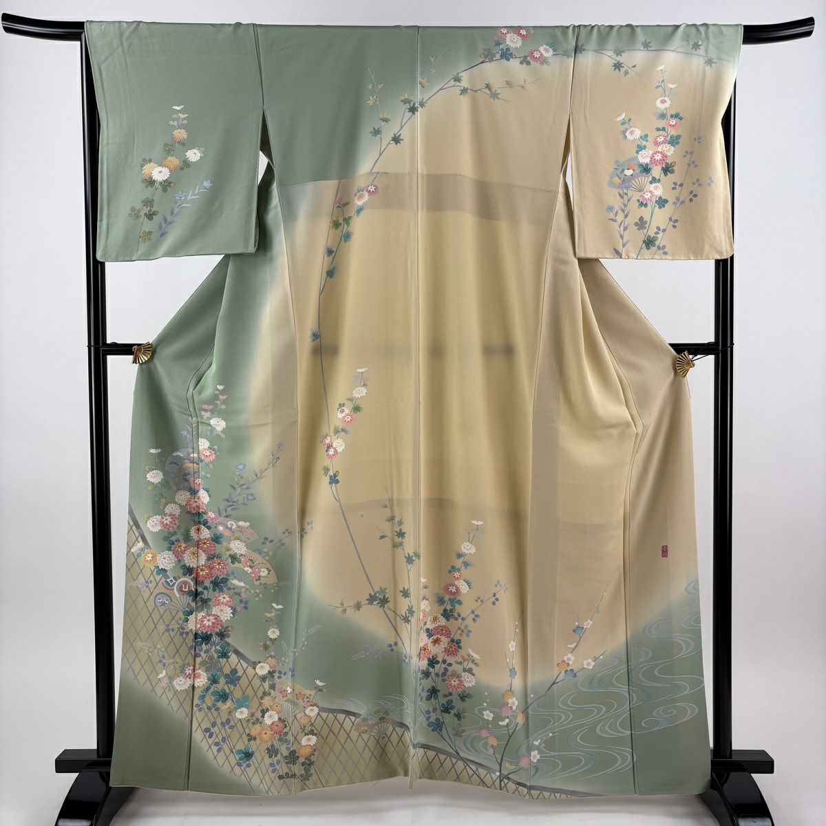 訪問服 身長163cm 袖長68.5cm L 雙層 落款有 菊花花 扇子子 金絲 金銀彩 淺綠 純蠶絲 名品級