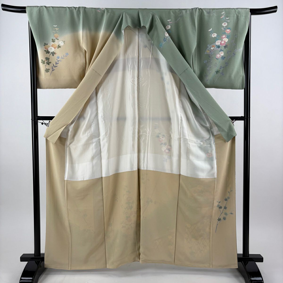 訪問服 身長163cm 袖長68.5cm L 雙層 落款有 菊花花 扇子子 金絲 金銀彩 淺綠 純蠶絲 名品級