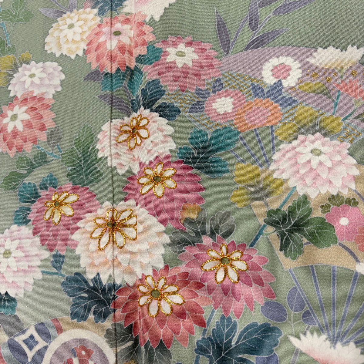 訪問服 身長163cm 袖長68.5cm L 雙層 落款有 菊花花 扇子子 金絲 金銀彩 淺綠 純蠶絲 名品級