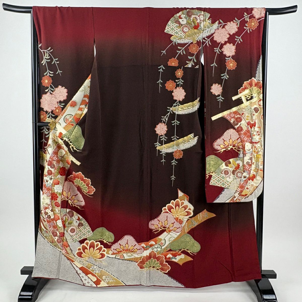 振袖禮服 身長163cm 袖長66.5cm M 雙層 几帳 金銀彩 漸層 錦紅 純蠶絲 名品級