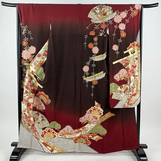 振袖禮服 身長163cm 袖長66.5cm M 雙層 几帳 金銀彩 漸層 錦紅 純蠶絲 名品級