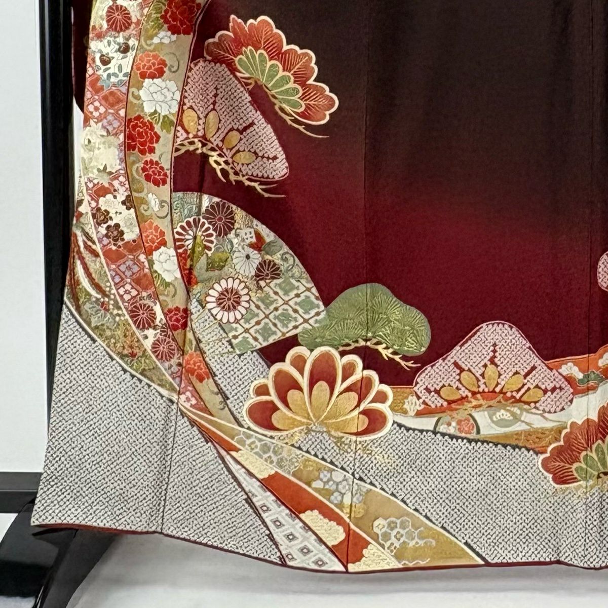 振袖禮服 身長163cm 袖長66.5cm M 雙層 几帳 金銀彩 漸層 錦紅 純蠶絲 名品級