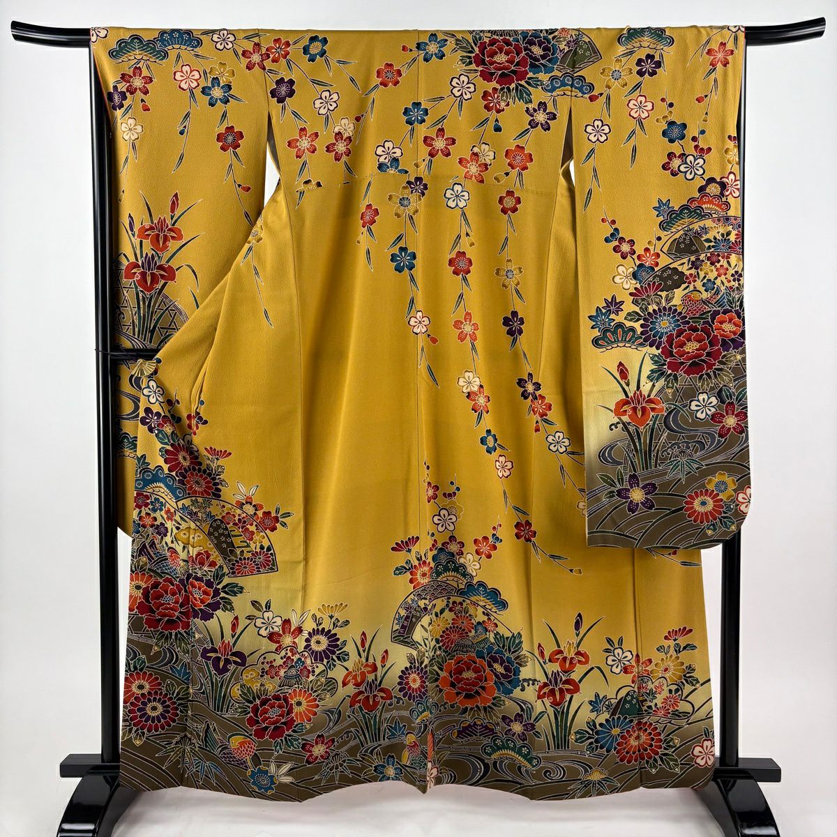 【美品】振袖禮服 身長162cm 袖長68cm L 雙層 扇子面 草鳥 絞染 漸層 黃土色 純蠶絲 名品級