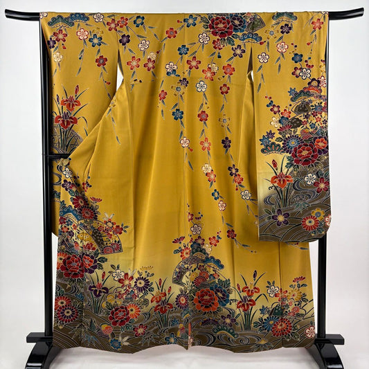 【美品】振袖禮服 身長162cm 袖長68cm L 雙層 扇子面 草鳥 絞染 漸層 黃土色 純蠶絲 名品級