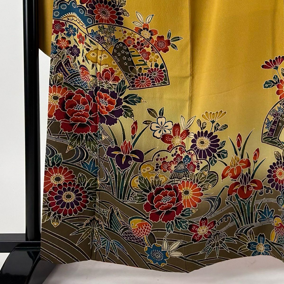 【美品】振袖禮服 身長162cm 袖長68cm L 雙層 扇子面 草鳥 絞染 漸層 黃土色 純蠶絲 名品級