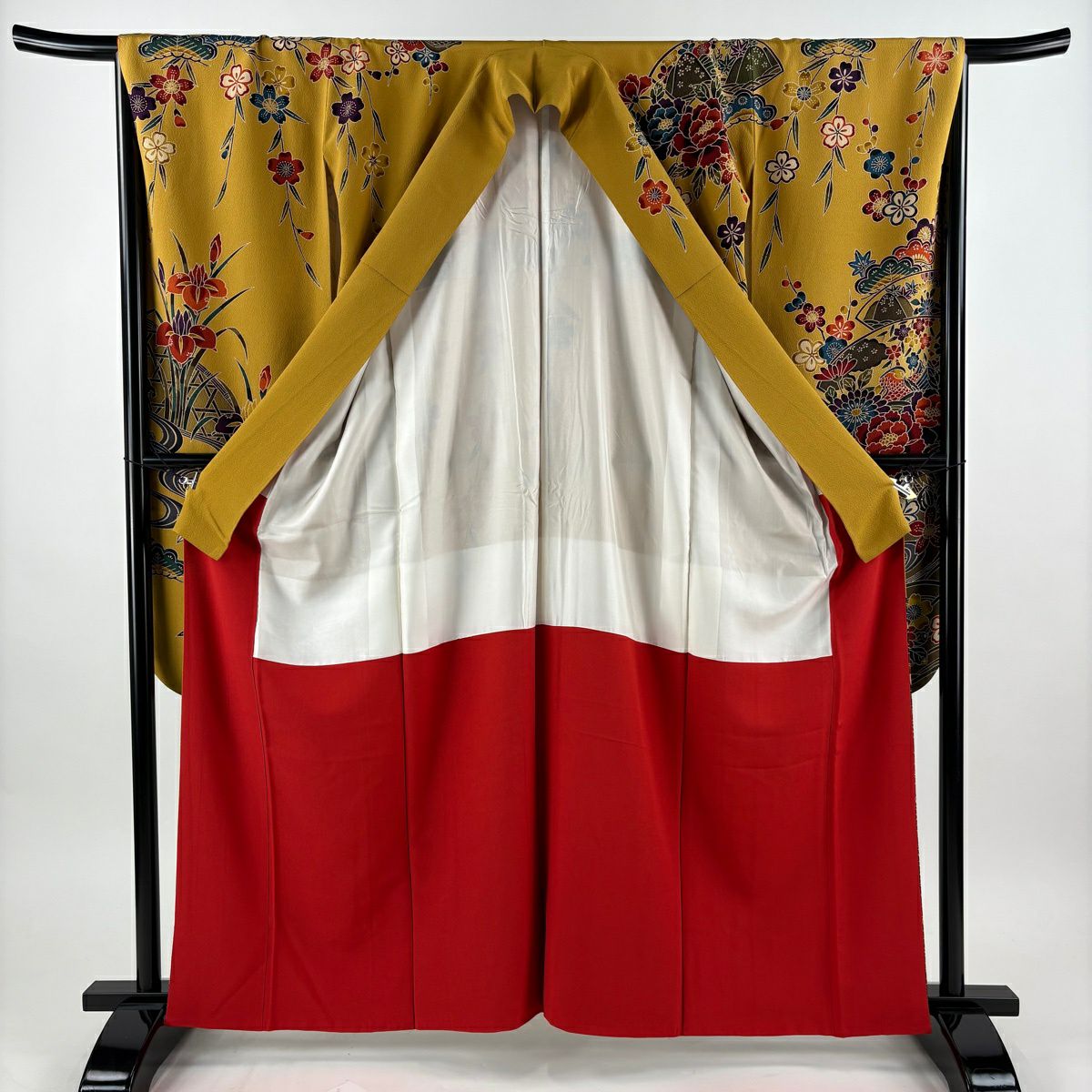 【美品】振袖禮服 身長162cm 袖長68cm L 雙層 扇子面 草鳥 絞染 漸層 黃土色 純蠶絲 名品級