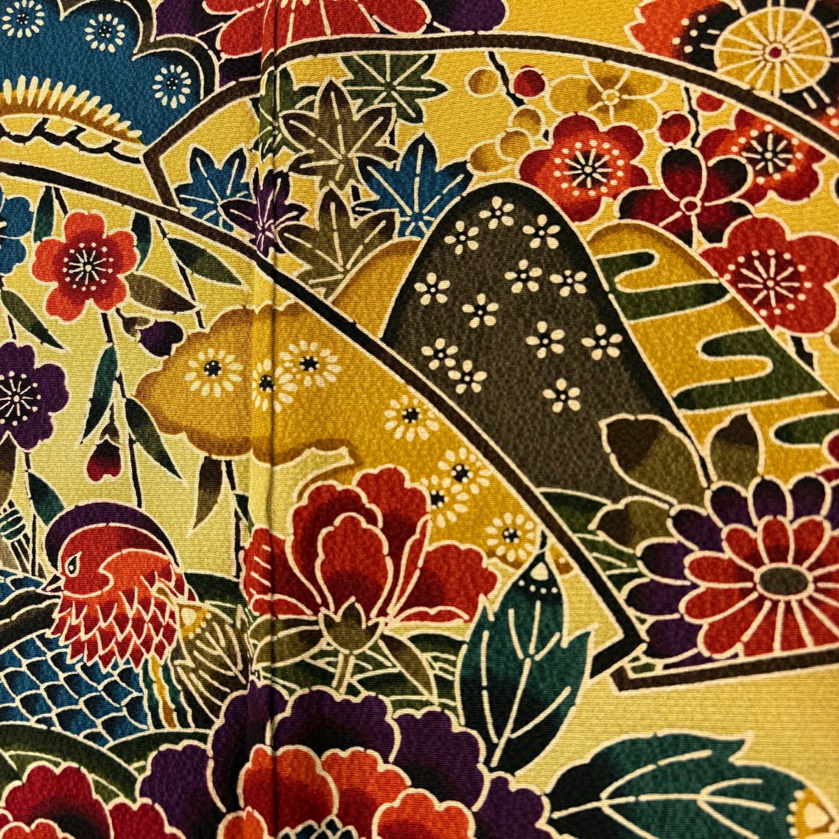 【美品】振袖禮服 身長162cm 袖長68cm L 雙層 扇子面 草鳥 絞染 漸層 黃土色 純蠶絲 名品級