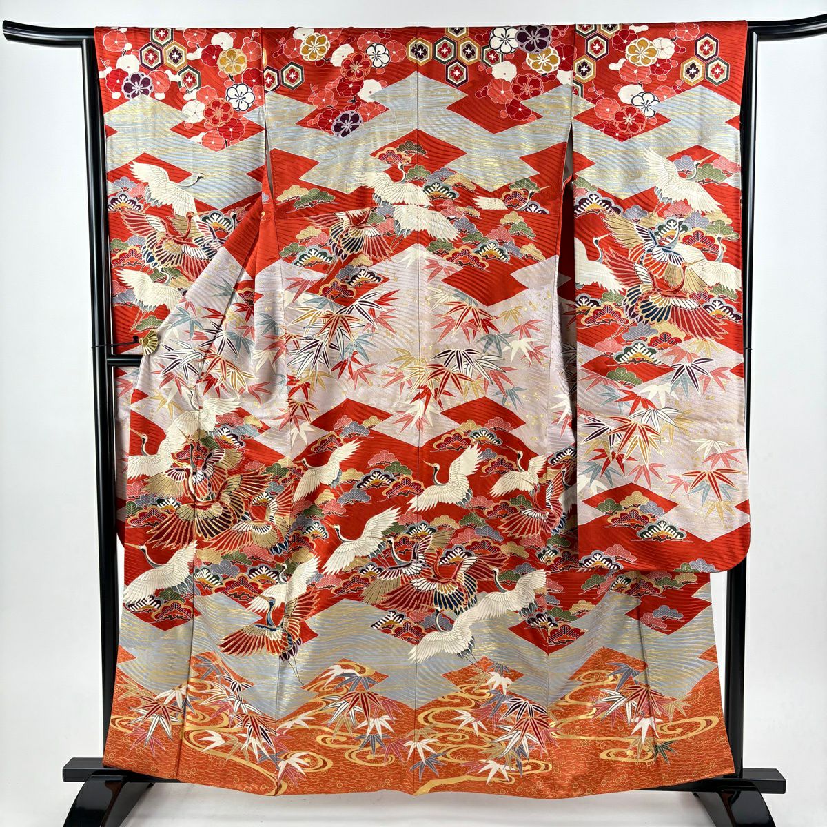 振袖禮服 身長161cm 袖長65.5cm M 雙層 仙鶴 松樹竹子梅花 金絲 金銀彩 紅 純蠶絲 名品級