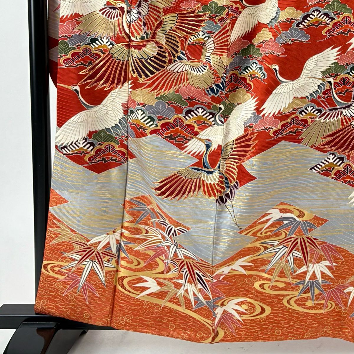 振袖禮服 身長161cm 袖長65.5cm M 雙層 仙鶴 松樹竹子梅花 金絲 金銀彩 紅 純蠶絲 名品級
