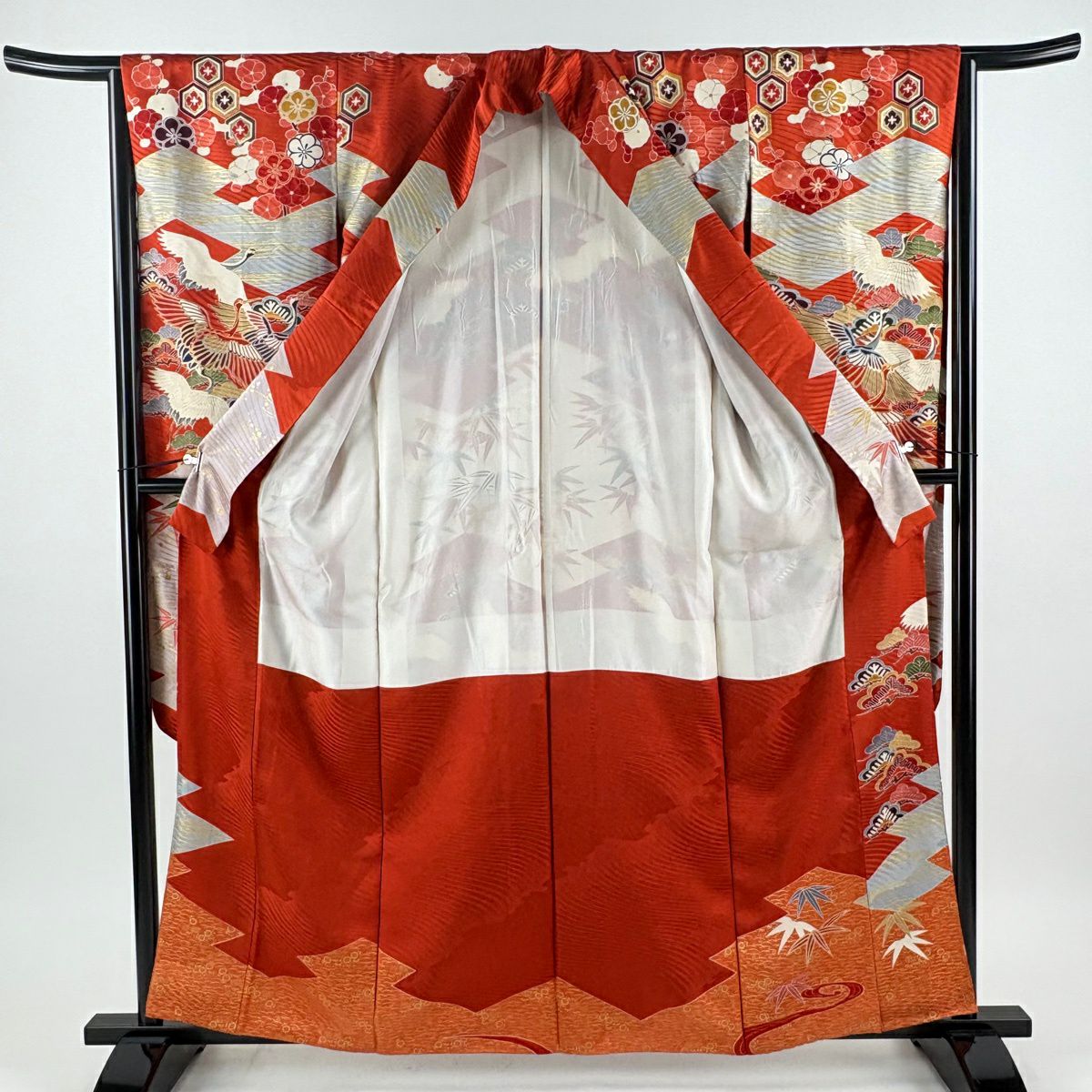 振袖禮服 身長161cm 袖長65.5cm M 雙層 仙鶴 松樹竹子梅花 金絲 金銀彩 紅 純蠶絲 名品級